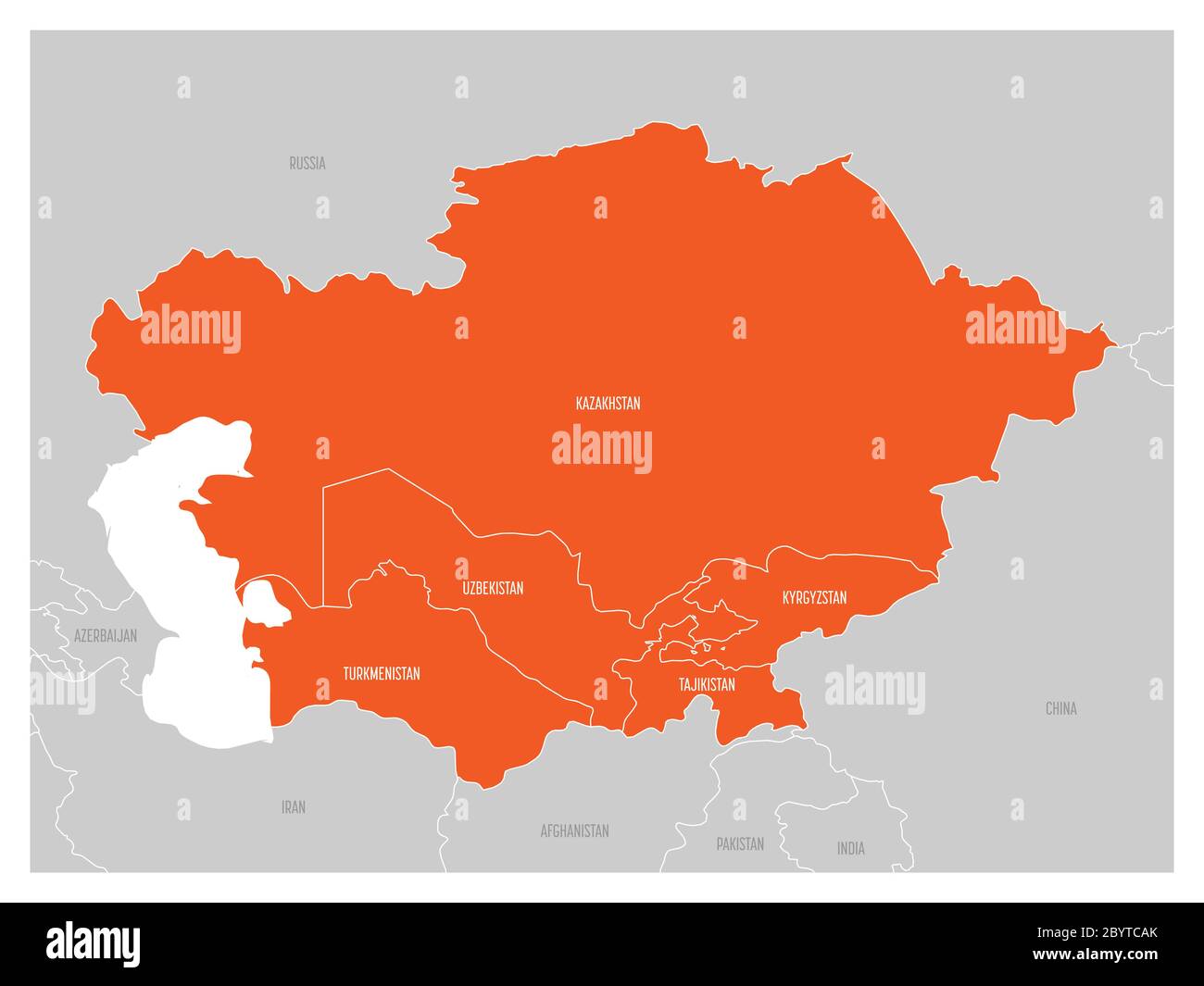 Karte der Region Zentralasien mit orange hervorgehoben Kasachstan, Kirgisistan, Tadschikistan, Turkmenistan und Usbekistan. Flache graue Karte mit weißen Ländergrenzen. Stock Vektor