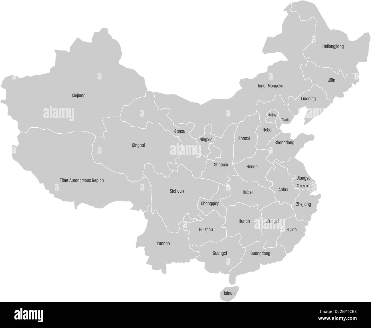 Regionale Karte der Verwaltungsprovinzen von China. Graue Karte mit schwarzen Beschriftungen auf weißem Hintergrund. Vektorgrafik. Stock Vektor