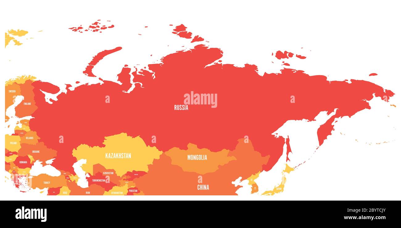 Politische Landkarte von Russland und den umliegenden europäischen und asiatischen Ländern. Karte mit vier Schattierungen von Orange mit weißen Etiketten auf weißem Hintergrund. Vektorgrafik. Stock Vektor