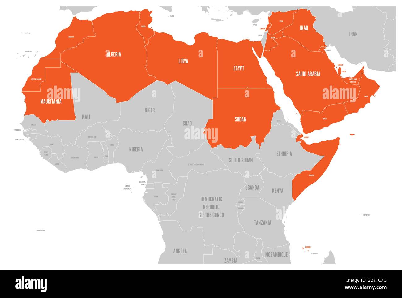 Arabische Welt Staaten politische Karte mit erhellten 22 arabischsprachigen Ländern der Arabischen Liga. Nordafrika und Naher Osten. Vektorgrafik. Stock Vektor