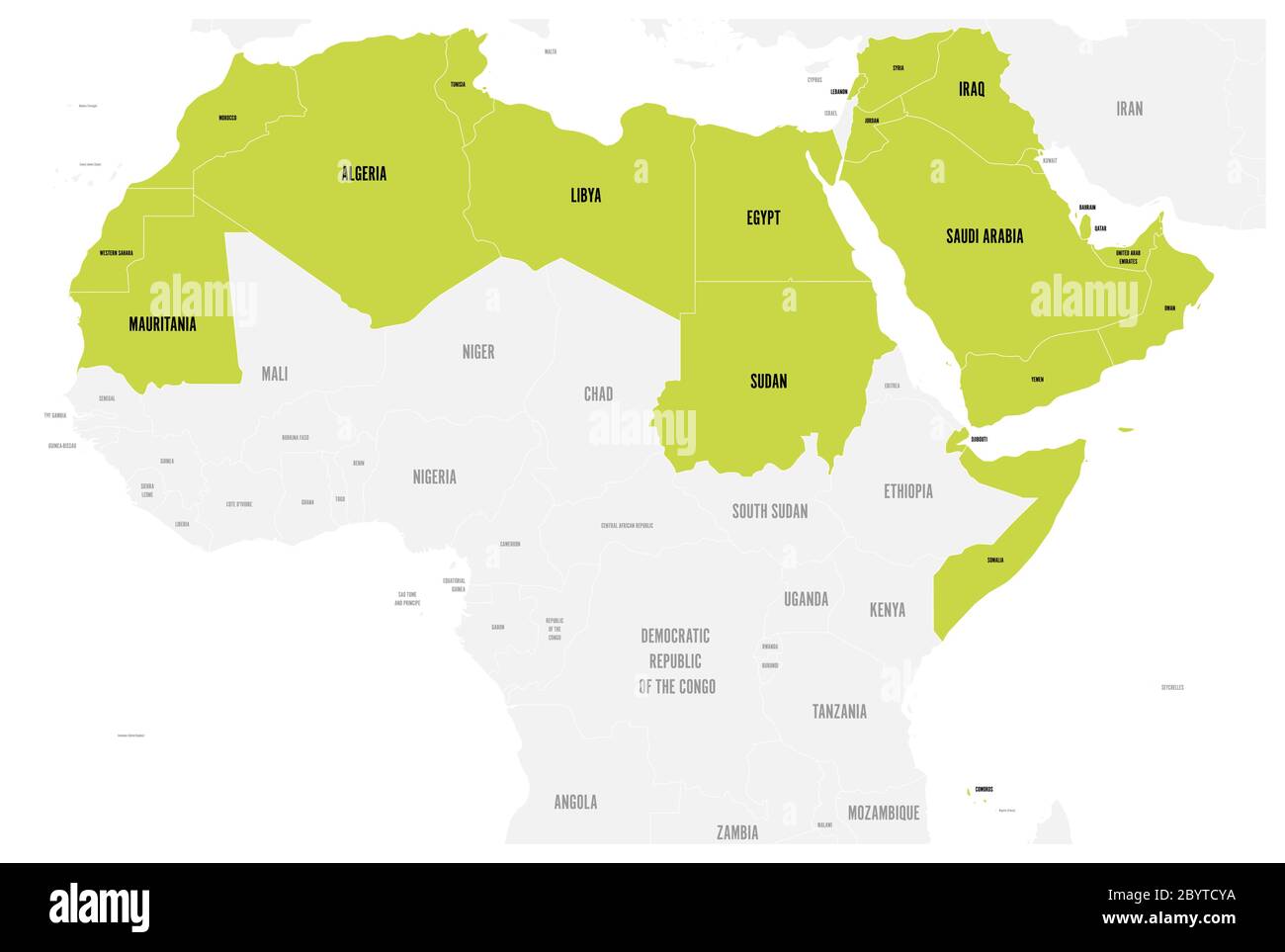 Arabische Welt Staaten politische Karte mit erhellten 22 arabischsprachigen Ländern der Arabischen Liga. Nordafrika und Naher Osten. Vektorgrafik. Stock Vektor
