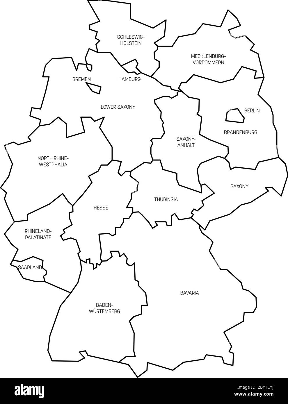Karte von Deutschland aufgeteilt in 13 Bundesländer und 3 Stadtstaaten - Berlin, Bremen und Hamburg, Europa. Einfache flache, weiße Vektorkarte mit schwarzen Umrissen und Beschriftungen. Stock Vektor
