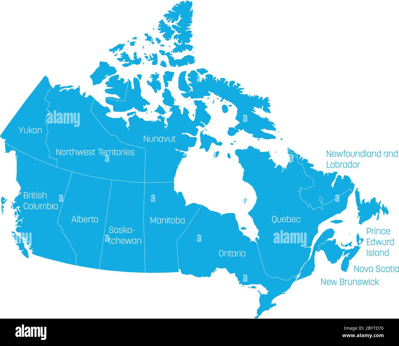 Karte von Kanada in 10 Provinzen und 3 Territorien aufgeteilt. Verwaltungsregionen Kanadas. Blaue Karte mit Etiketten. Vektorgrafik. Stock Vektor