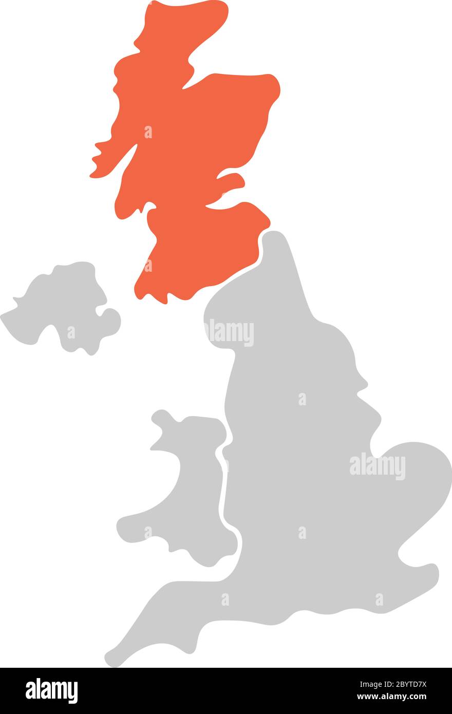 Vereinfachte, handgezeichnete, leere Karte des Vereinigten Königreichs von Großbritannien und Nordirland, Großbritannien. Aufgeteilt in vier Länder mit rot hervorgehobener schottischer Farbe. Einfache flache Vektorgrafik. Stock Vektor