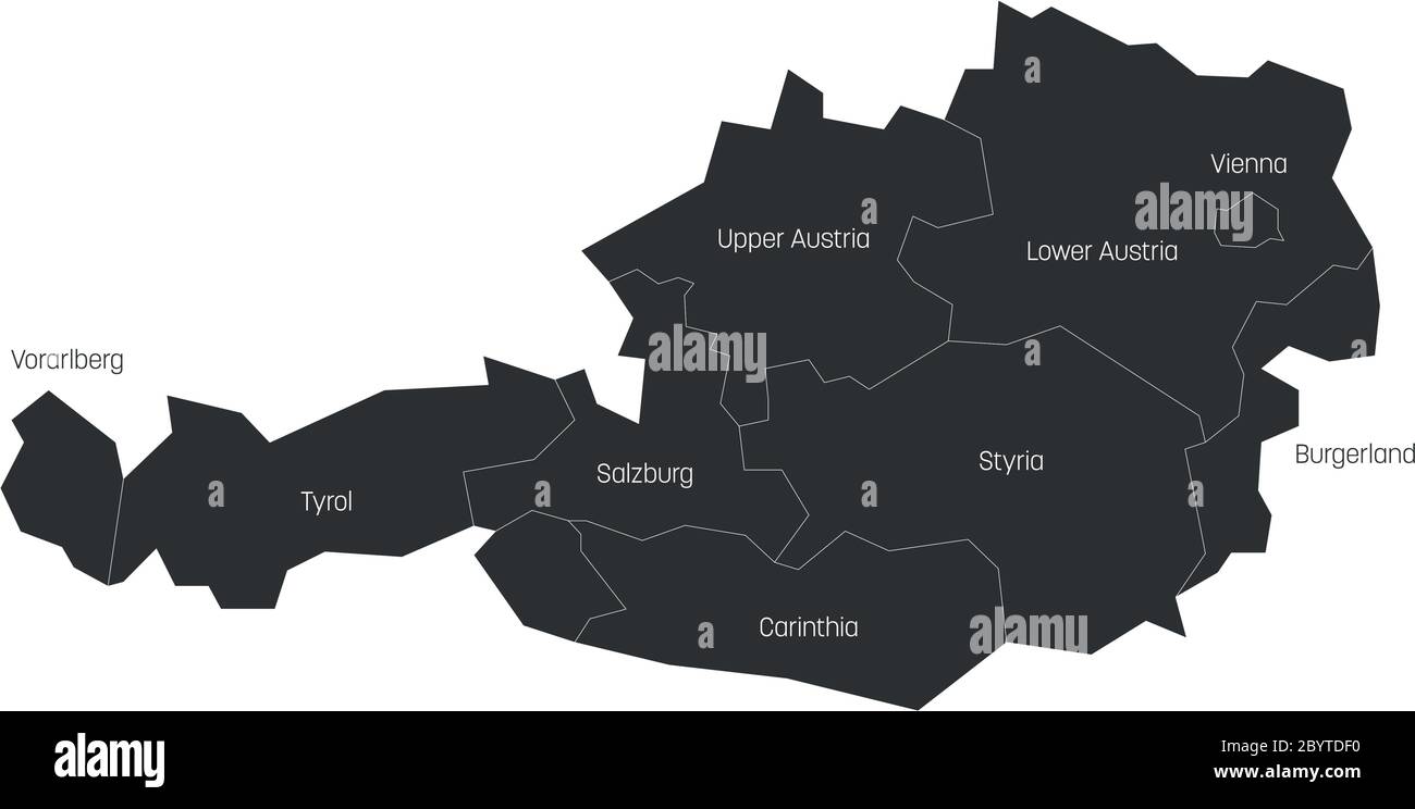 Bundesstaaten Österreichs. Karte der regionalen Landesverwaltungsbereiche. Farbenfrohe Vektorgrafik. Stock Vektor