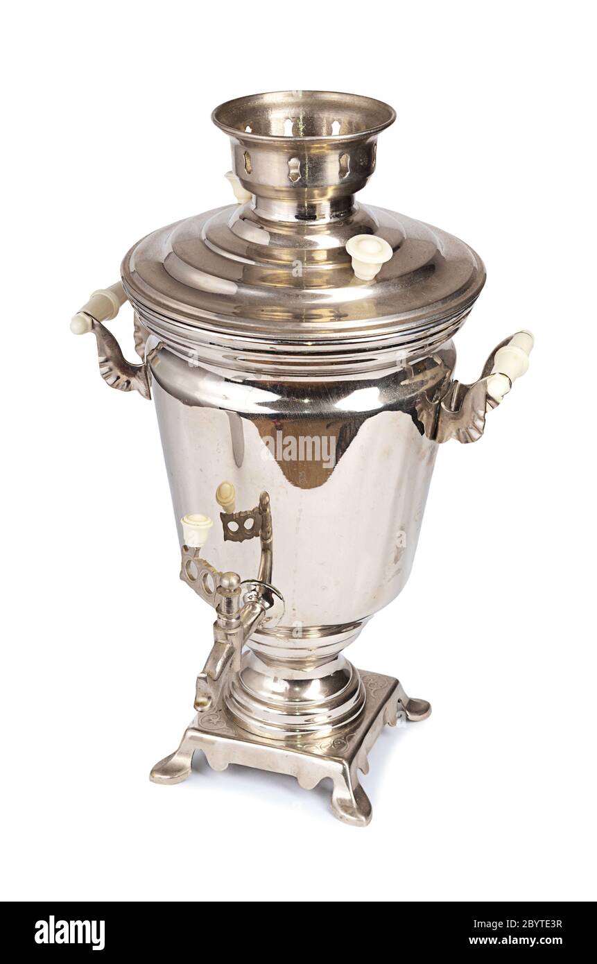Silber alten Samowar auf weiß isoliert Stockfoto