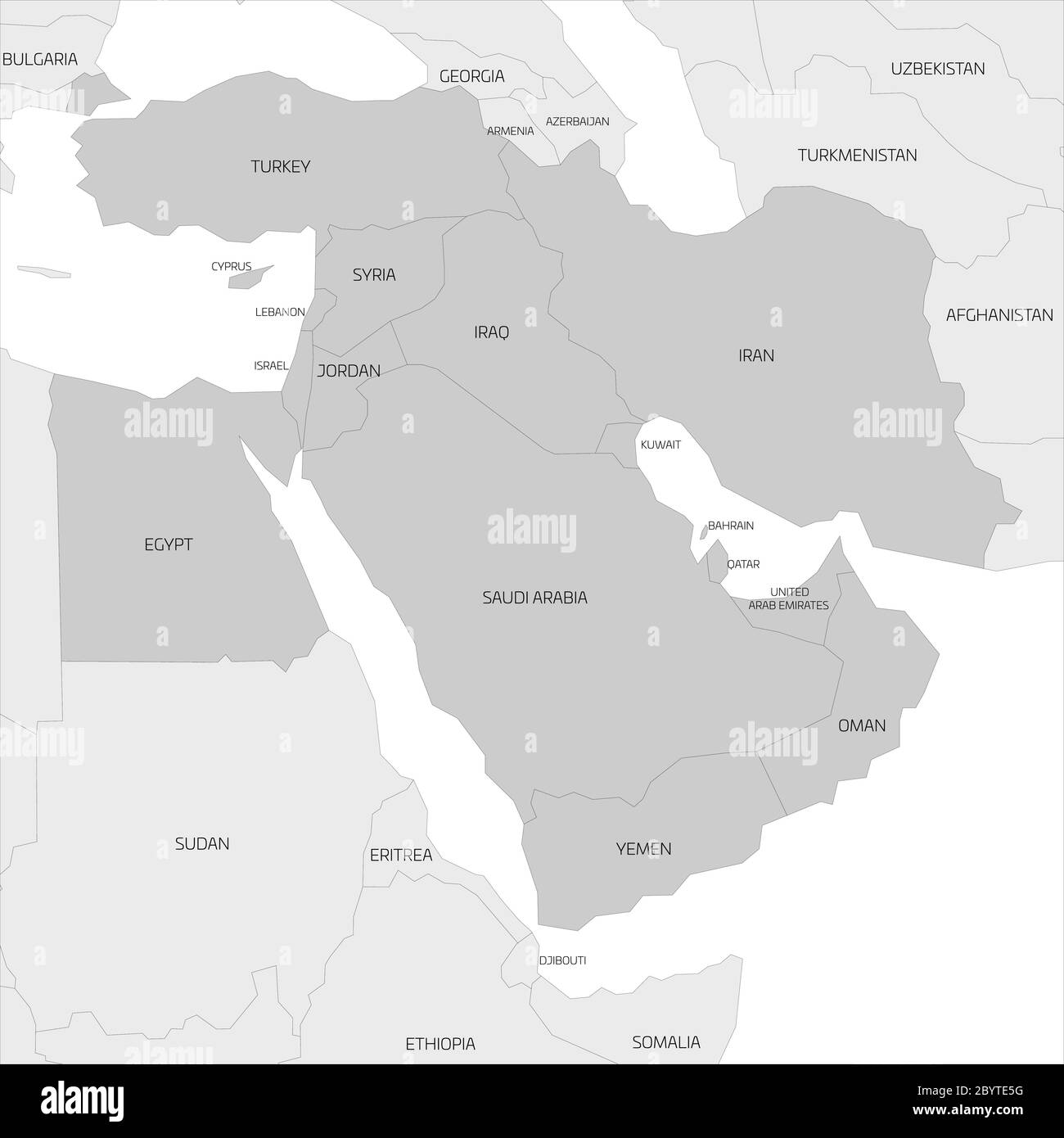 Karte der transkontinentalen Region Naher Osten oder Naher Osten mit hervorgehobenen Ländern Westasiens, der Türkei, Zypern und Ägypten. Flache graue Karte mit dünnen schwarzen Bordüren. Stock Vektor