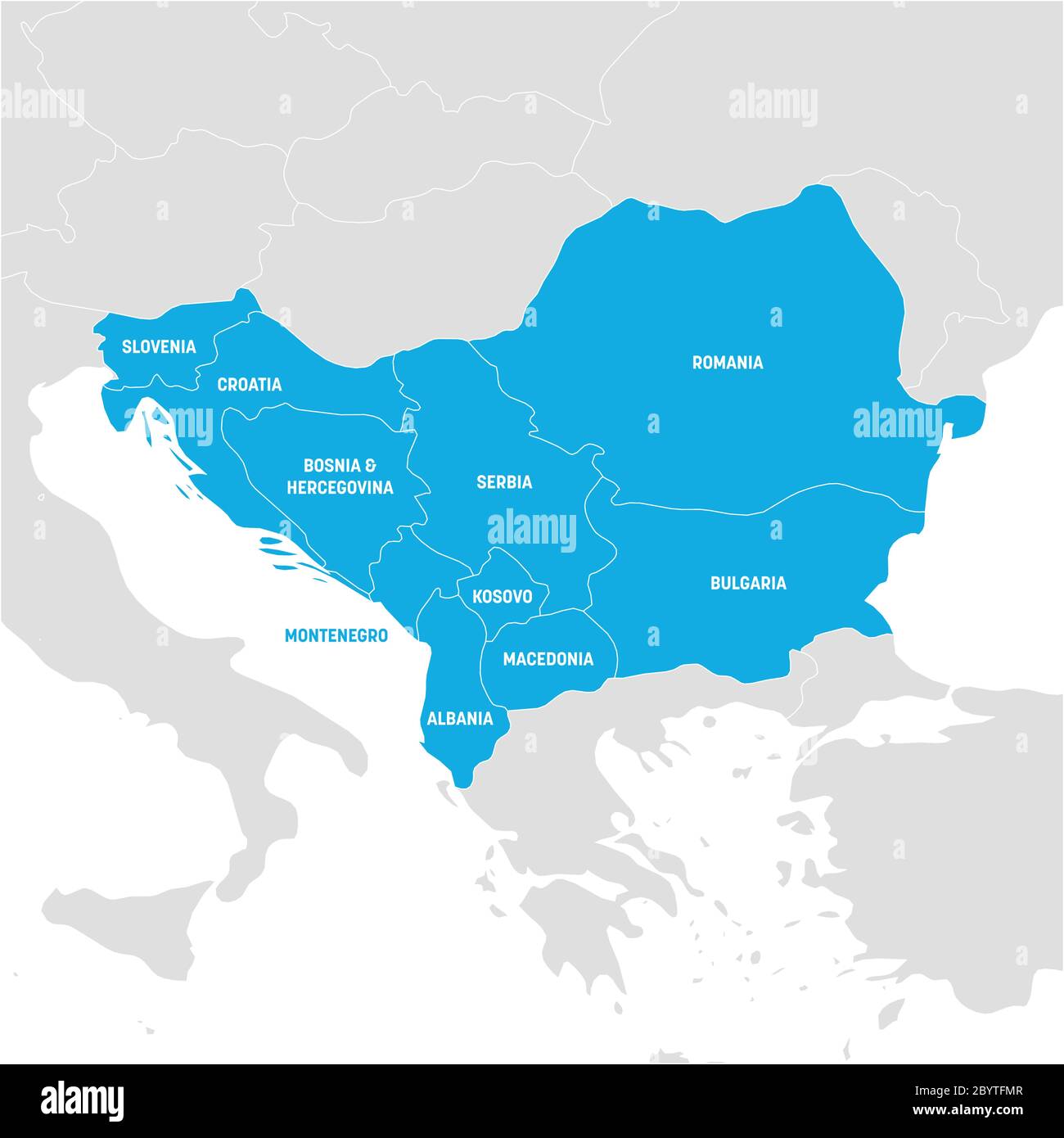 Region Südosteuropa. Karte der Länder der Balkanhalbinsel. Vektorgrafik. Stock Vektor