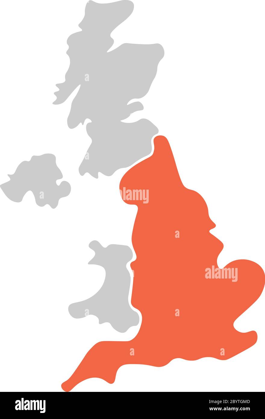Vereinfachte, handgezeichnete, leere Karte des Vereinigten Königreichs von Großbritannien und Nordirland, Großbritannien. Aufgeteilt in vier Länder mit rot hervorgehobener England-Farbe. Einfache flache Vektorgrafik. Stock Vektor