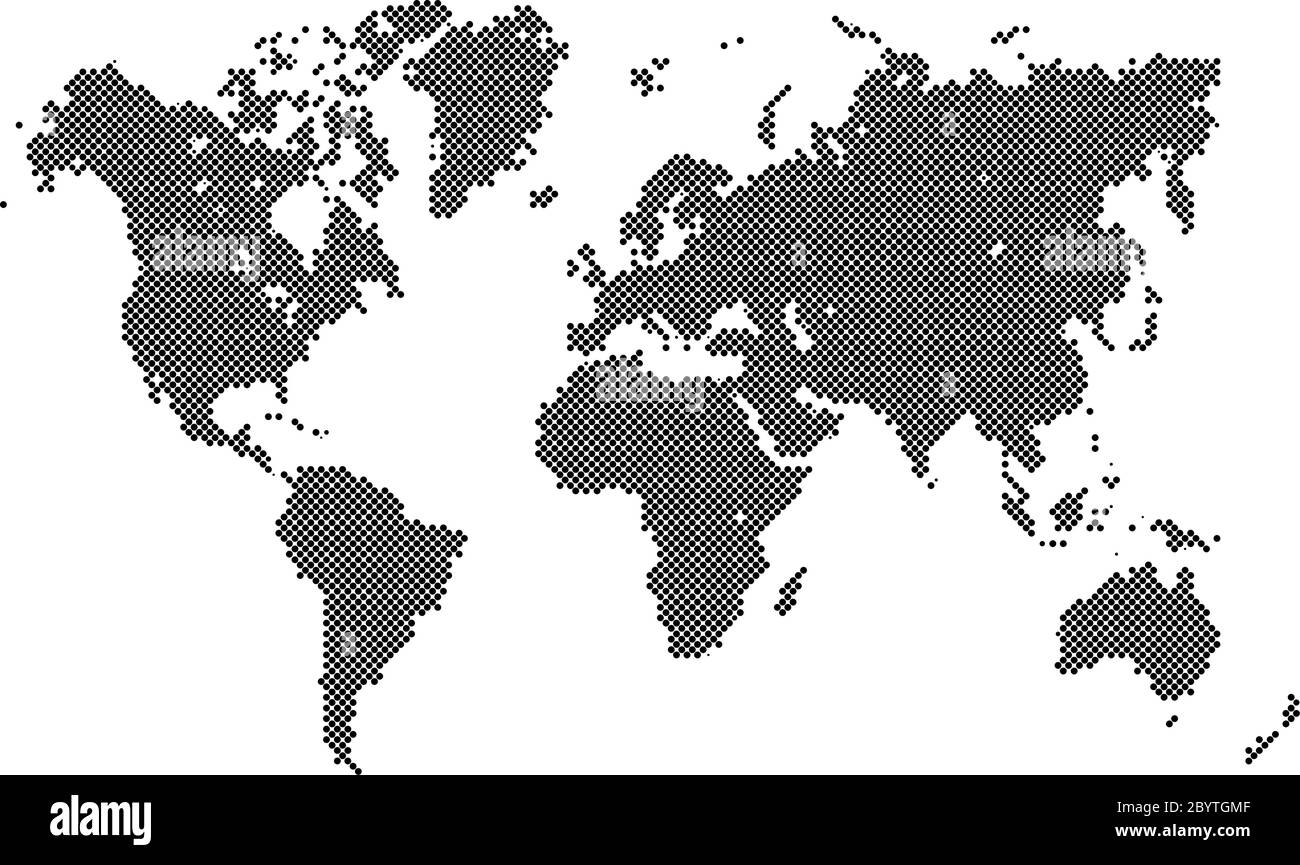 Gepunktete Weltkarte. Weltkarte aus schwarzen Punkten in diagonaler Anordnung auf weißem Hintergrund. Stock Vektor