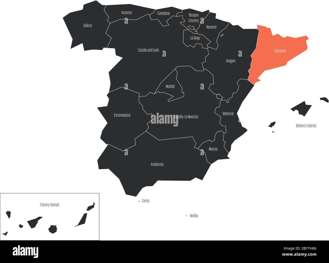 Katalonien Region in einer Vektorkarte von Spanien. Stock Vektor