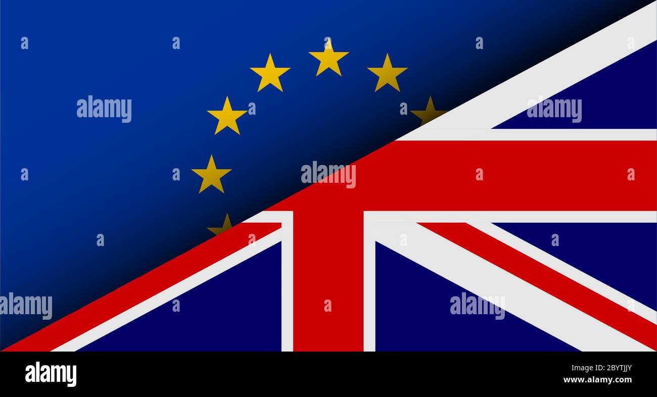 Flaggen der EU und des Vereinigten Königreichs teilen sich auf die Hälfte. Brexit-Thema. Vektorgrafik. Stock Vektor