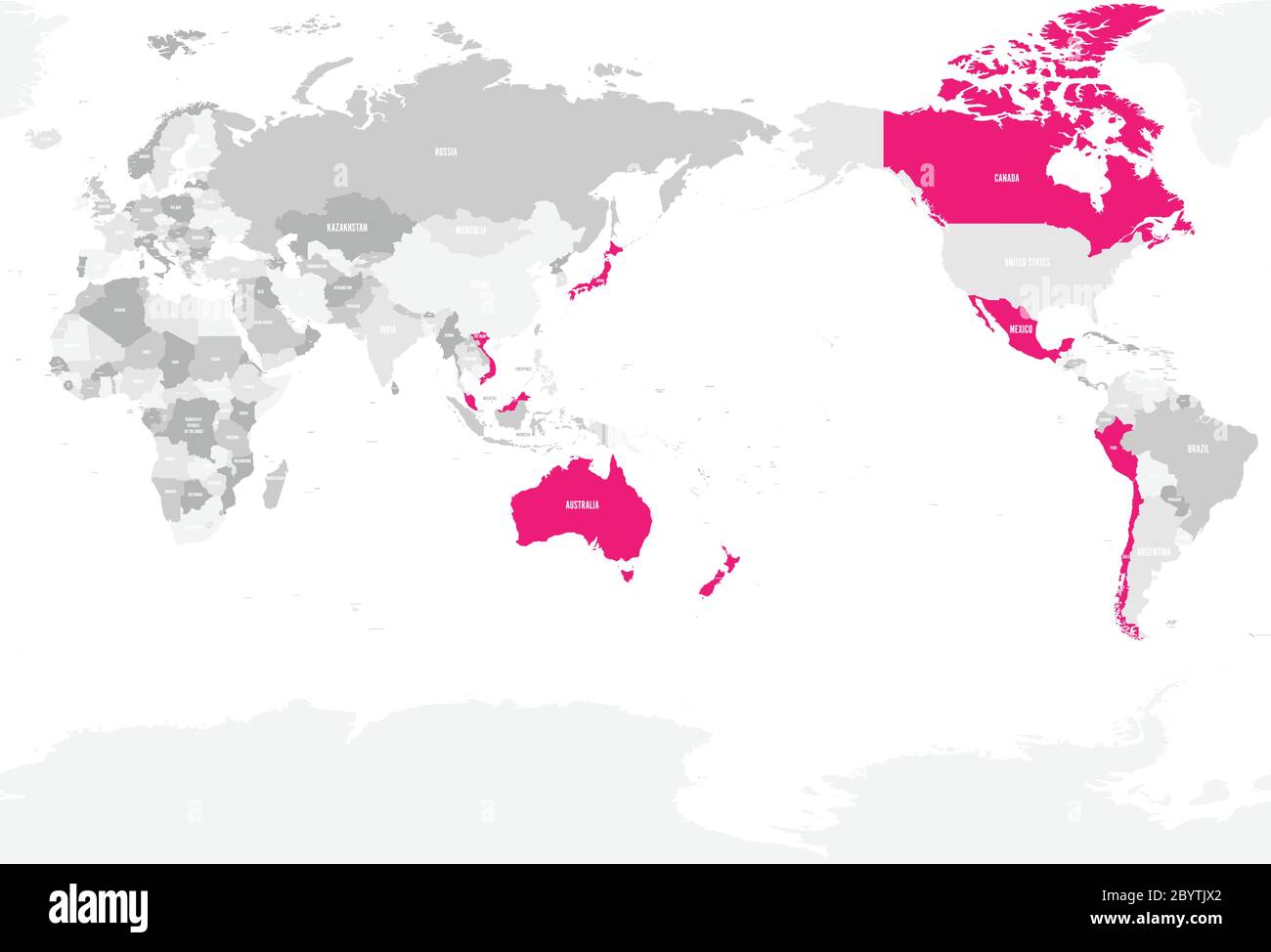 Karte des umfassenden und progressiven Abkommens für die Transpazifische Partnerschaft, CPTPP oder TPP11. Mitgliedstaaten mit rosa hervorgehobenen Status. Vektorgrafik. Stock Vektor