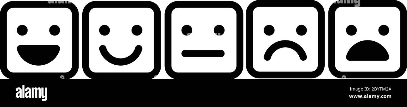 Grundlegende Emoticons gesetzt. Fünf Gesichtsausdruck von Feedback - von positiv zu negativ. Einfache schwarze Vektorsymbole. Stock Vektor