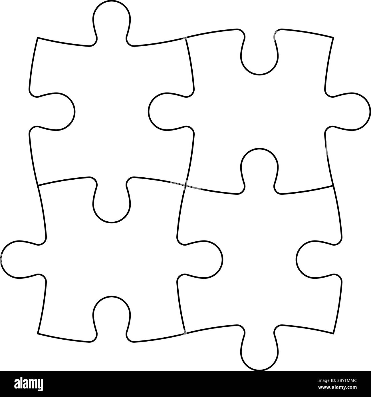 Gelöst Puzzle von vier Teilen. Teamzusammenarbeit, Teamarbeit oder Lösungsgeschäft. Einfache flache Vektorgrafik mit schwarzer Umrandung auf weißem Hintergrund. Stock Vektor
