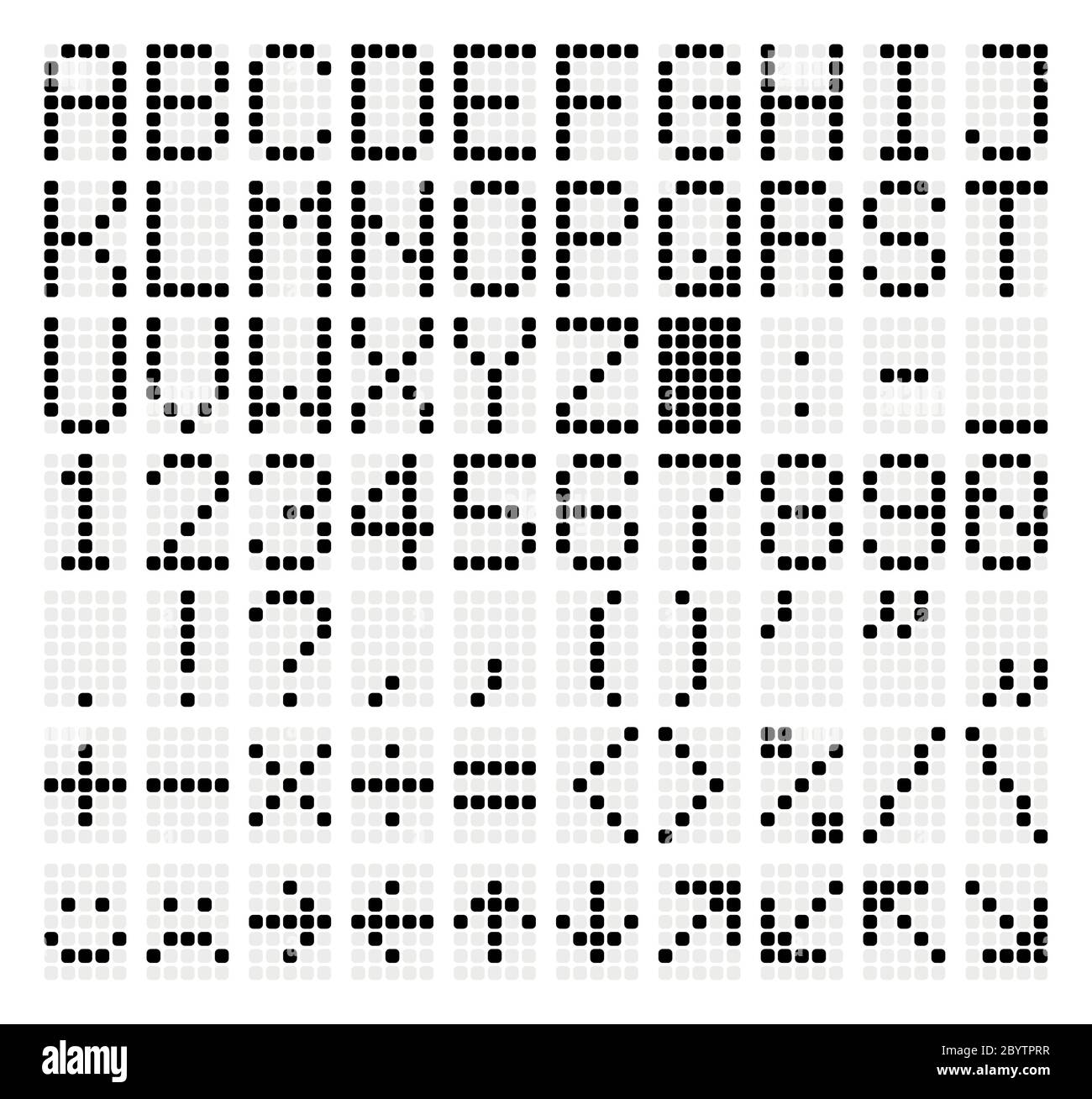 LED-Punktmatrix-Panel. Buchstaben, Zahlen, Satzzeichen, arithmetische Zeichen, grundlegende Emoticons und Navigationspfeile. Retro Digitalanzeige. Vektorgrafik. Stock Vektor