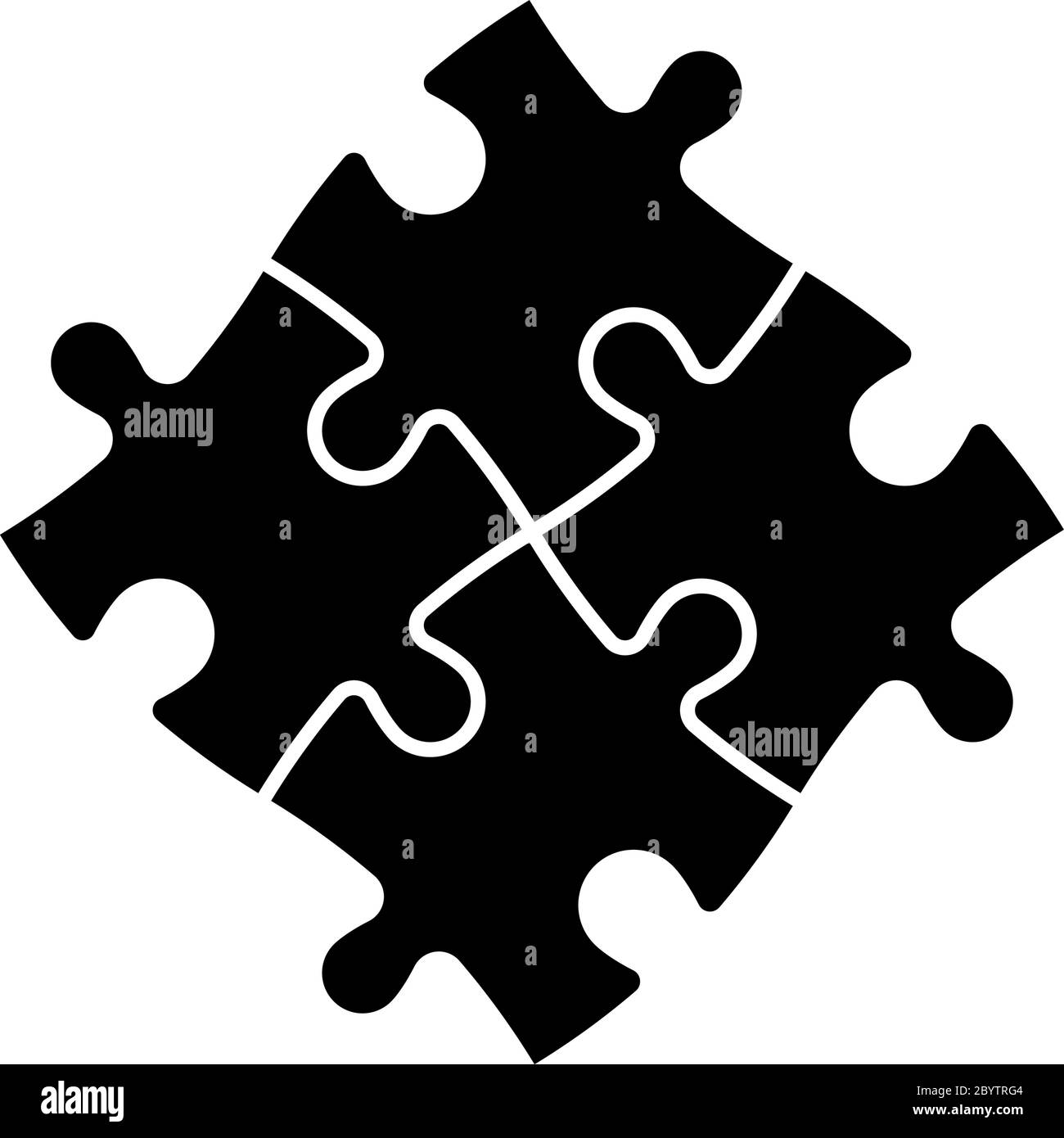 Gelöst Puzzle von vier schwarzen Teilen. Teamzusammenarbeit, Teamarbeit oder Lösungsgeschäft. Einfache flache Vektorgrafik. Stock Vektor