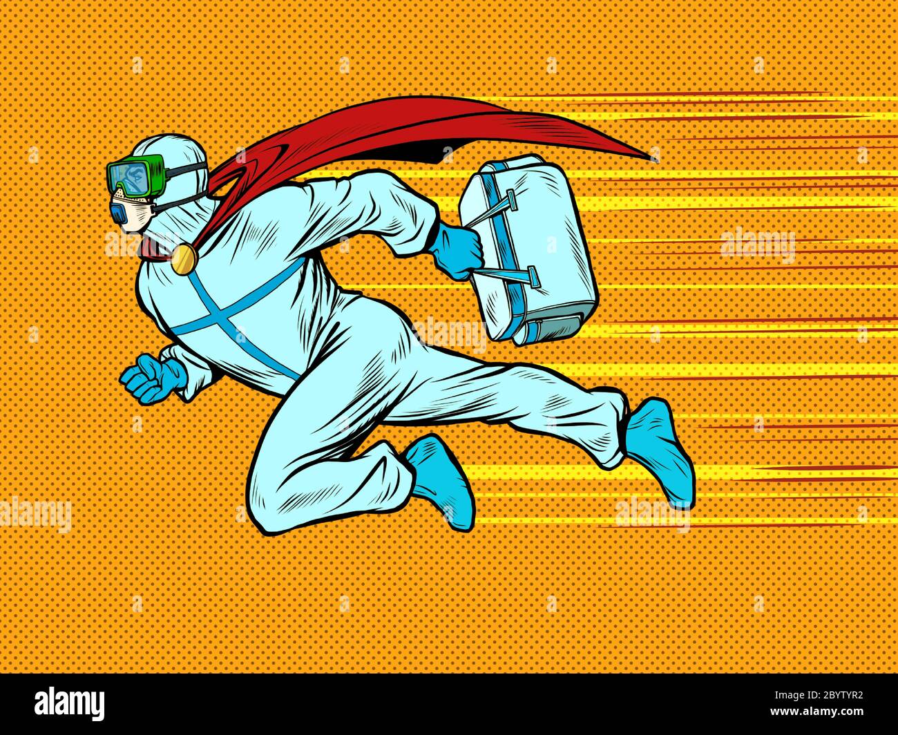 Superheld Arzt Mann fliegt zur Rettung mit einem Medizinschrank in Schutzanzug, Epidemie Stock Vektor
