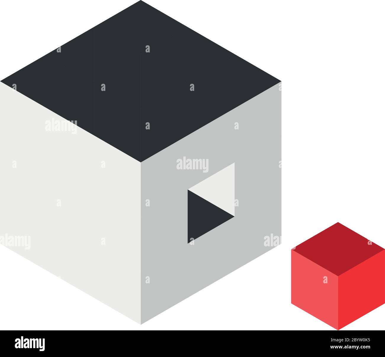 Lösungsentwurf Elementkonzept. Block von 3D-Würfel mit dem letzten roten Stück außen. Vektorgrafik. Stock Vektor