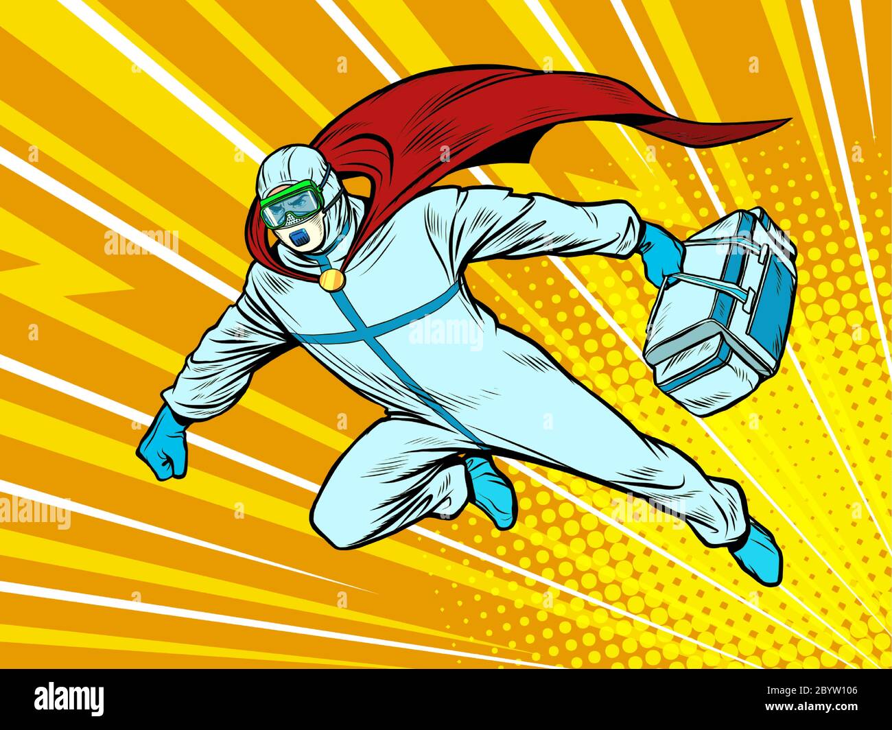 Superheld Arzt Mann fliegt zur Rettung mit einem Medizinschrank in Schutzanzug, Epidemie Stock Vektor
