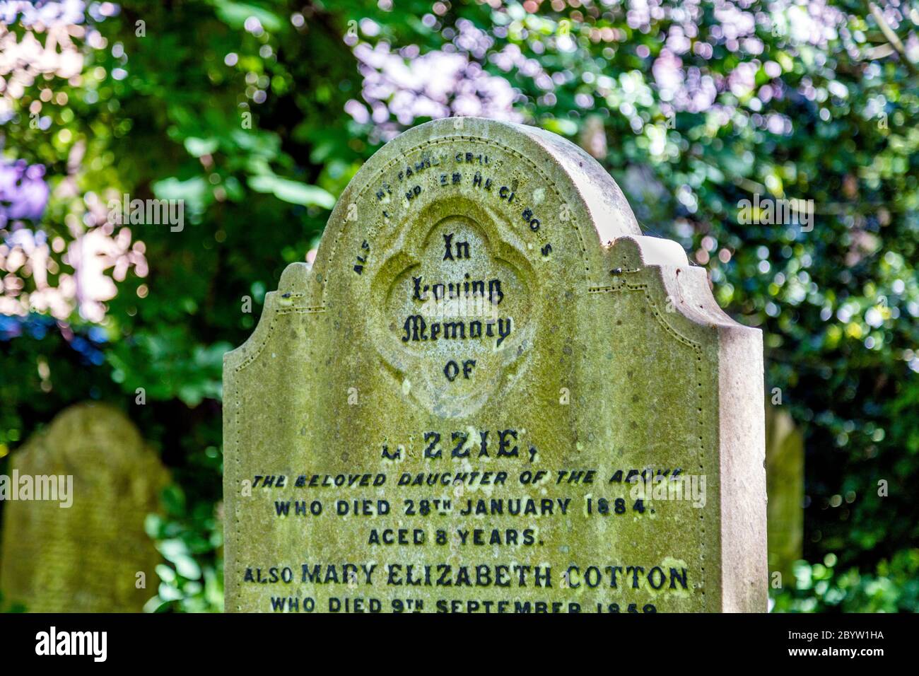 Ein Grabstein mit dem Motto „in Loving Memory of“ im Victorian Tower Hamlets Cemetery Park, London, Großbritannien Stockfoto