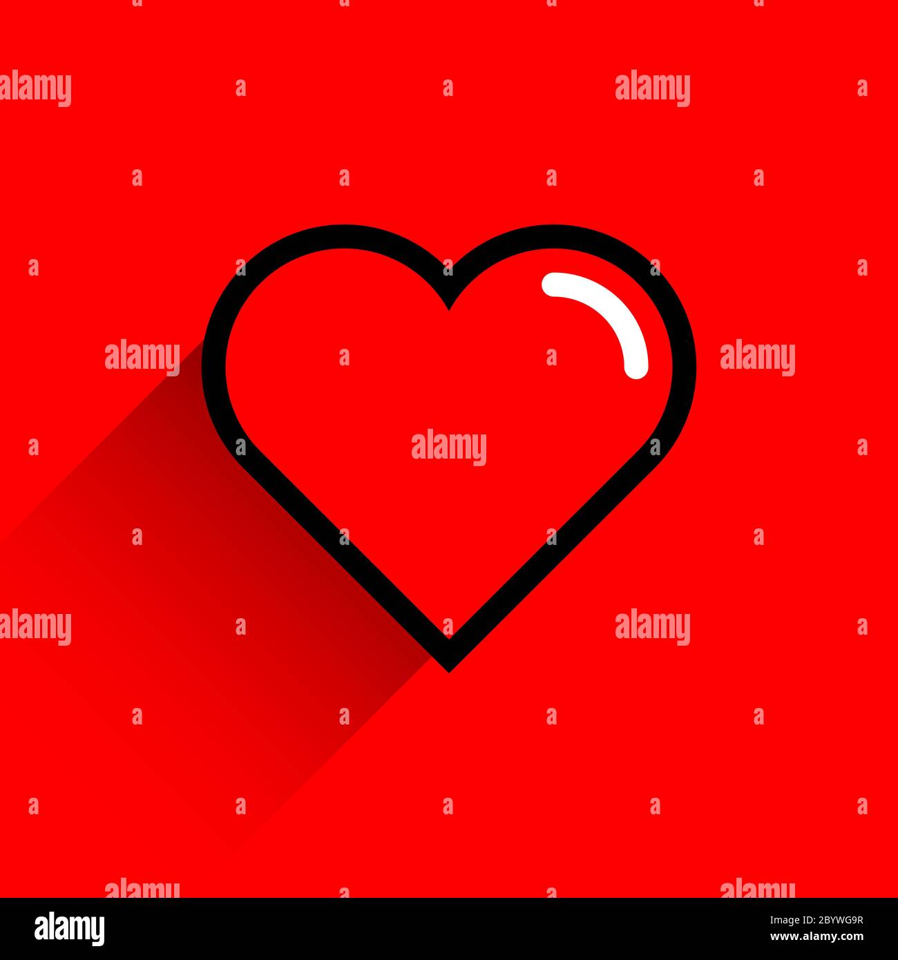 Rote Herzform mit schwarzem Linienstrich. Medizinische Ikone, Liebeszeichen und Symbol des Festes des heiligen Valentinstag. Flache Form mit langem Schatten Stock Vektor