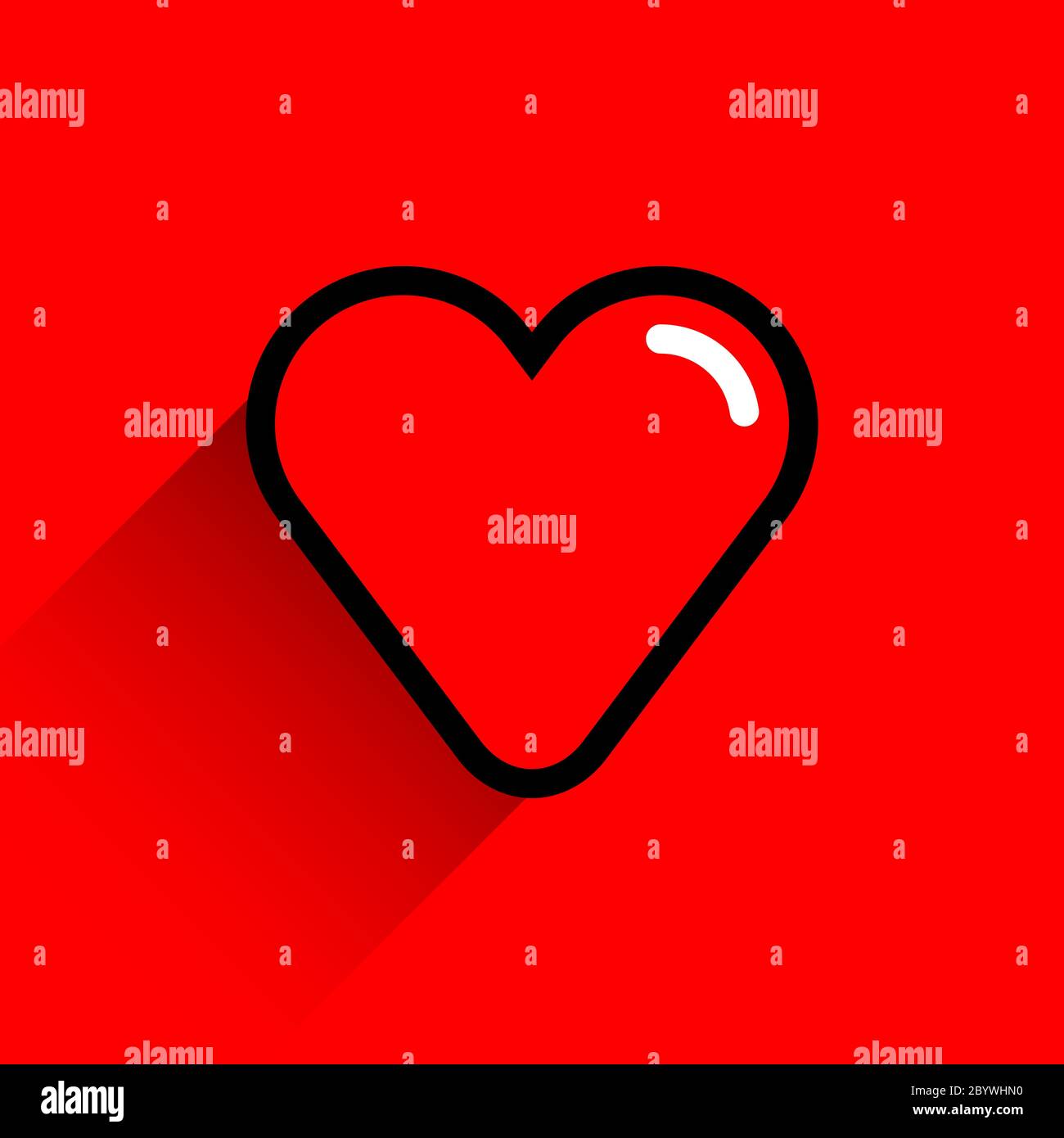 Rote Herzform mit schwarzem Linienstrich. Medizinische Ikone, Liebeszeichen und Symbol des Festes des heiligen Valentinstag. Flache Form mit langem Schatten Stock Vektor