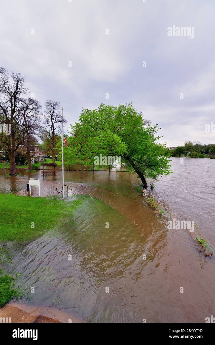 South Elgin, Illinois, USA. Starke Regenfälle der letzten zwei Tage führten dazu, dass der Fox River im Nordosten von Illinois seine Ufer überschwemmen. Stockfoto