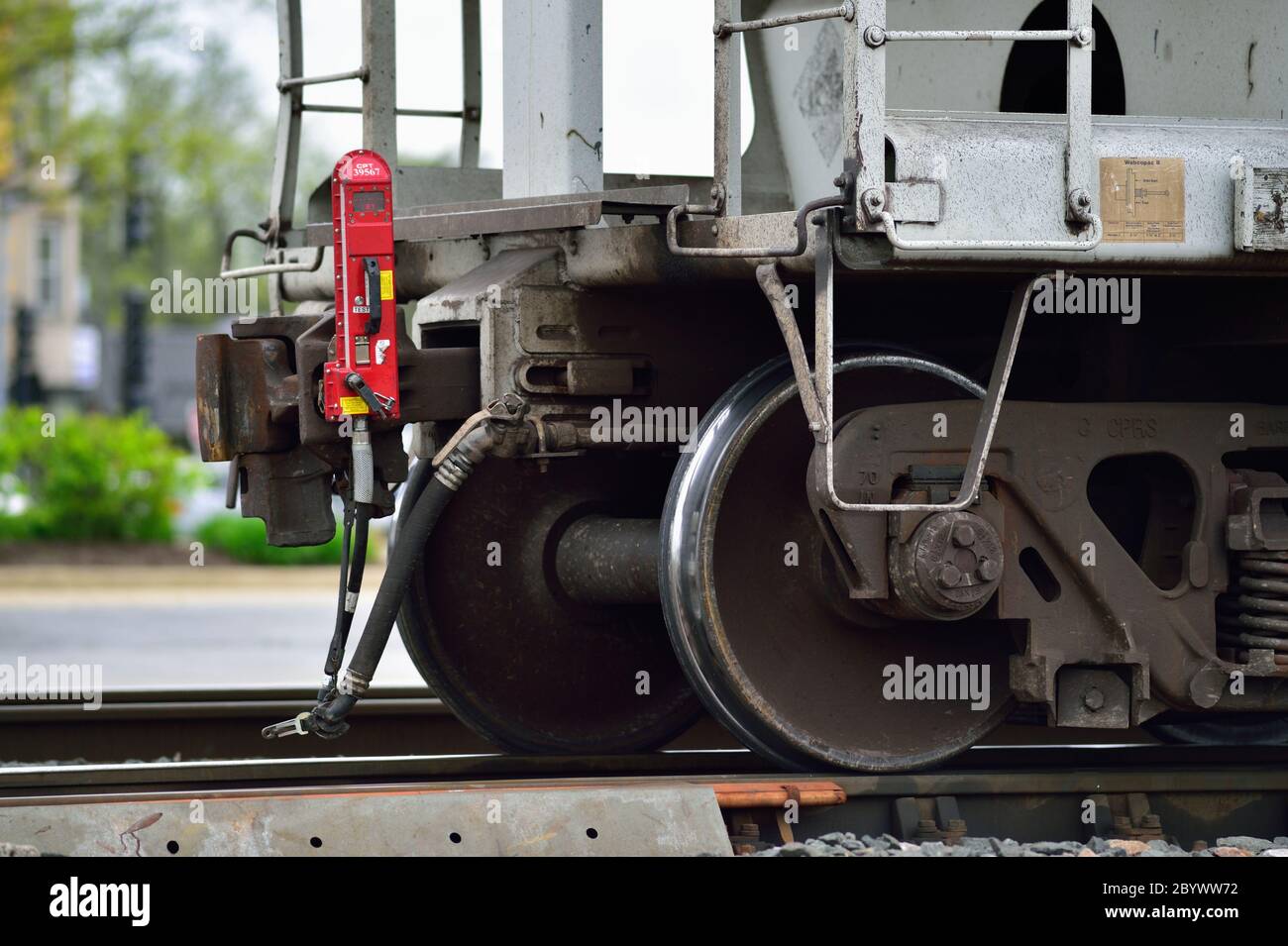 Franklin Park, Illinois, USA. Ein Standard-Güterwagen Knöchelkupplung und Luftbremsschlauch, der auf Güterwagen auf Nordamerika verwendet erscheint. Stockfoto