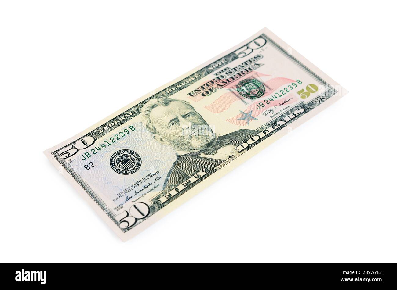 Fünfzig Dollar isoliert auf weißem Hintergrund Stockfoto