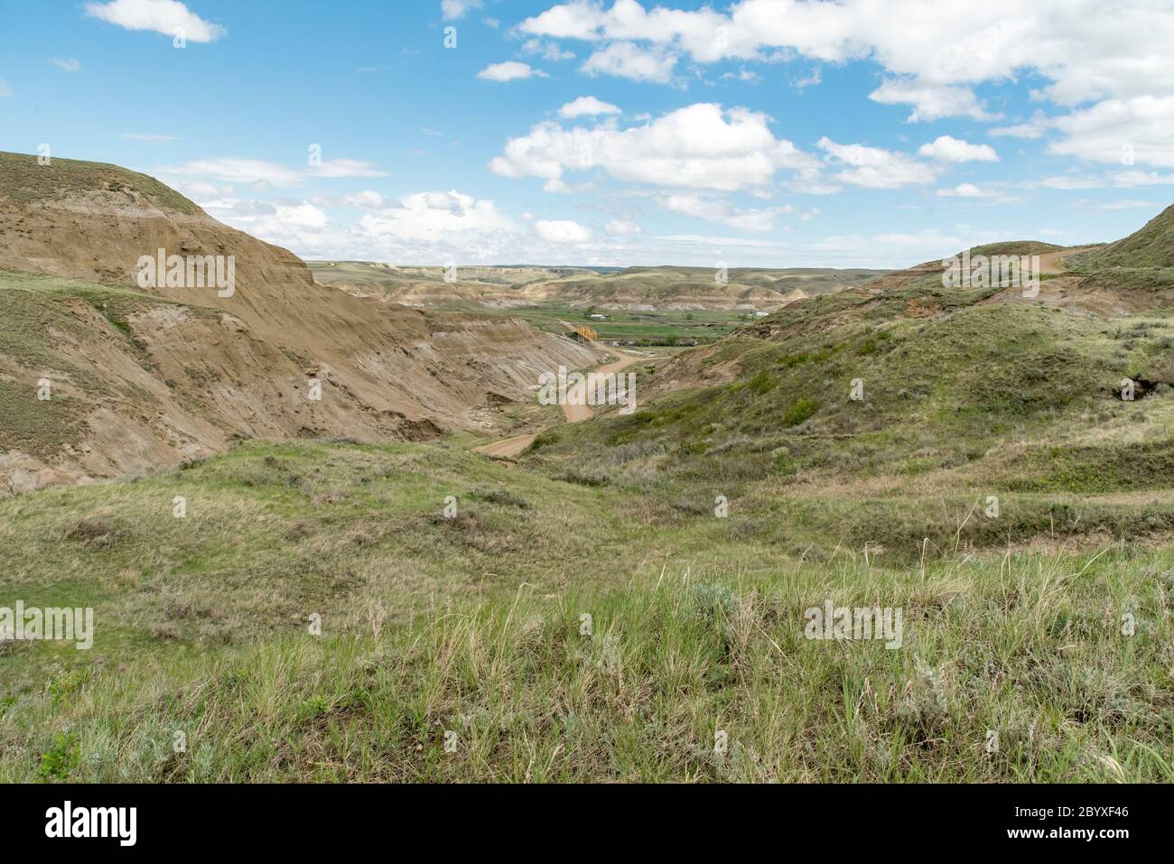 Highway 848 nähert sich Dorothy aus dem Südwesten. Südöstlich von Drumheller, Alberta, Kanada im Frühling. Teil der Dorothy Geisterstadt im Hintergrund. Stockfoto