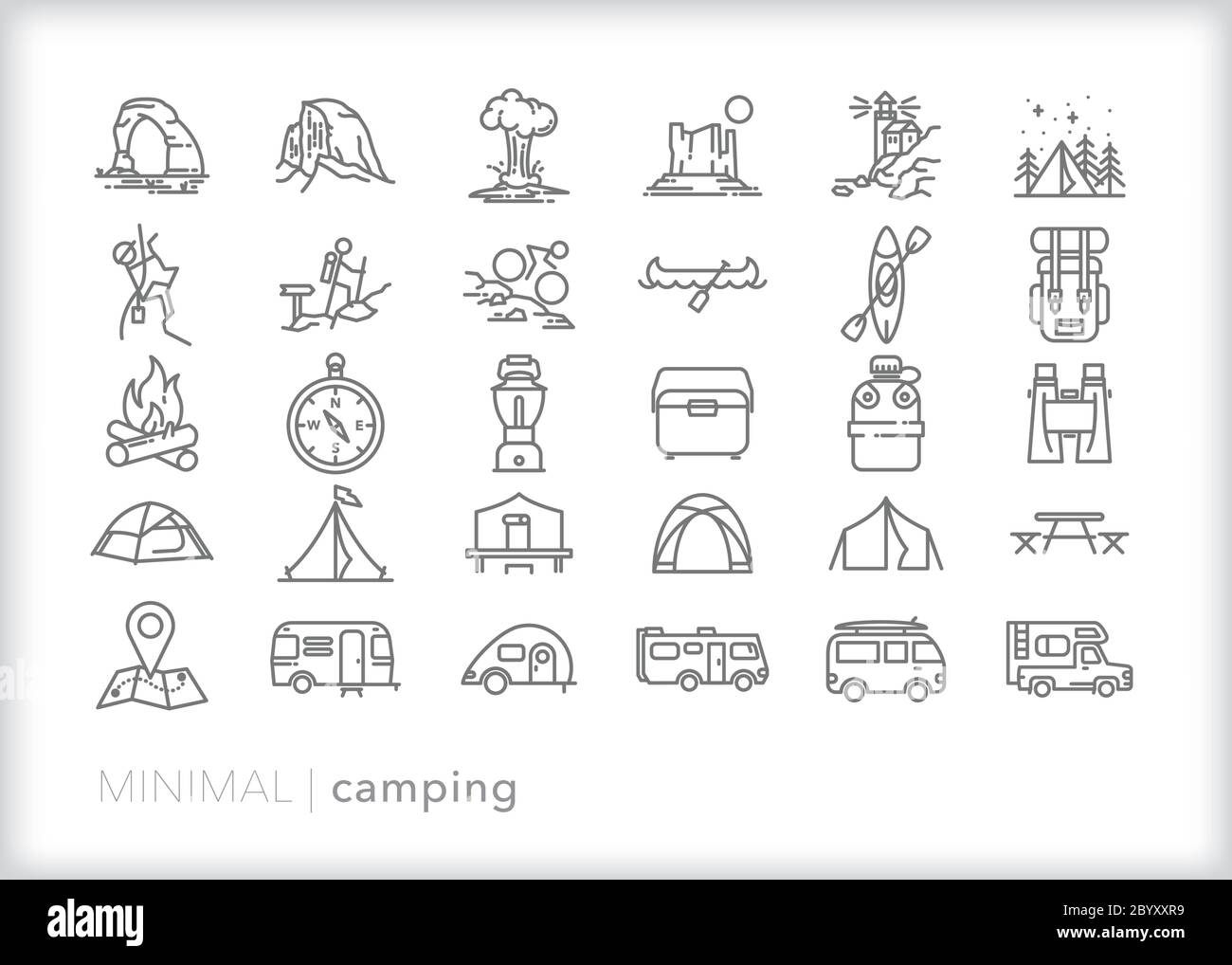Set von Camping-Linie Symbole für Reisen, Urlaub und Outdoor-Aktivitäten Stock Vektor