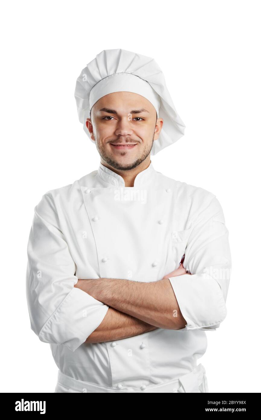 Happy Chef in weißer Uniform isoliert Stockfoto