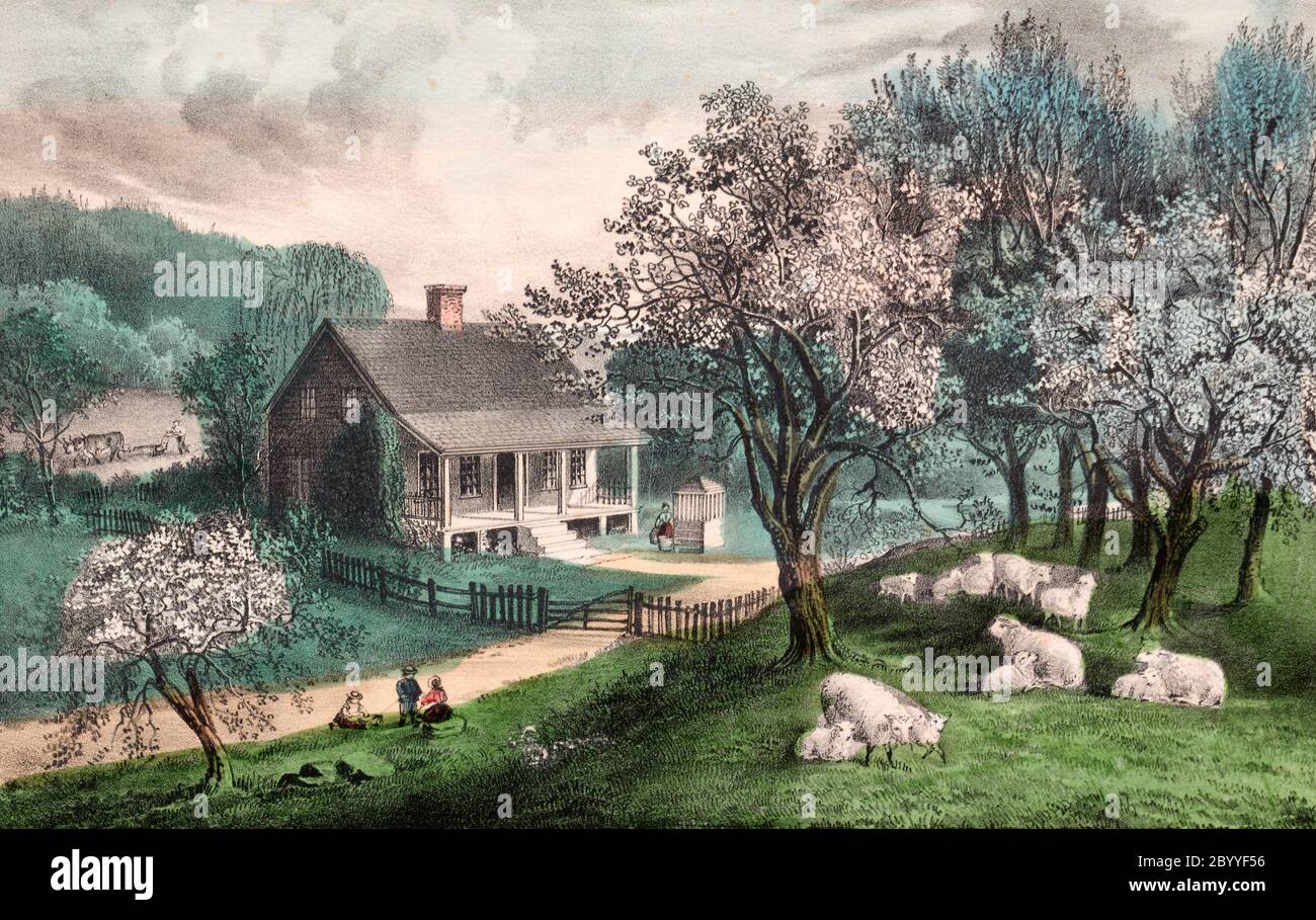 American Homestead, Spring von James Merritt Ives und Nathaniel Currier, 1869 Stockfoto