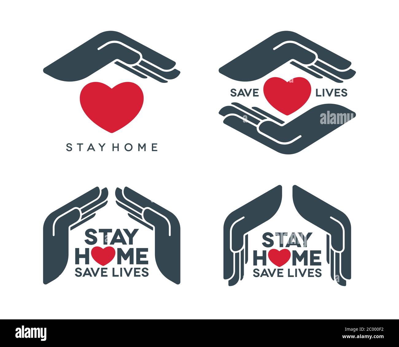 Bleiben Sie zu Hause Leben retten Coronavirus Pandemie Konzept Design. Soziale Isolation Vektor-Symbole mit schützenden Händen Symbol auf weißem Hintergrund gesetzt. Stock Vektor