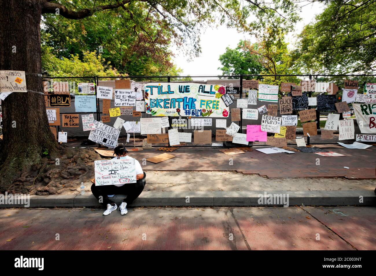 Eine Frau hält ein Schild vor einer Wand von Schildern und Protestkunst, Lafayette Square (Lafayette Park) in Black Lives Matter Plaza, Washington, DC, USA Stockfoto