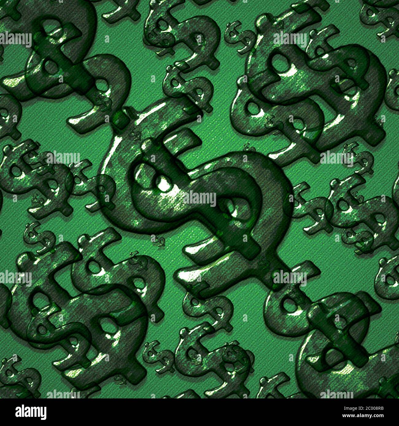 Dollar-Zeichen oder Geld Symbol Motiv Muster Kunstwerk Komposition im Grunge-Stil in Grüntönen vor grünem Hintergrund. Stockfoto