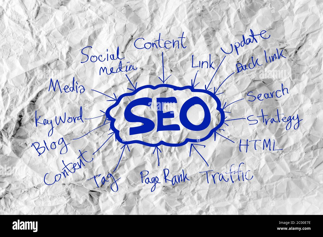 SEO Idee SEO Search Engine Optimization auf zerknittertes Papier Stockfoto