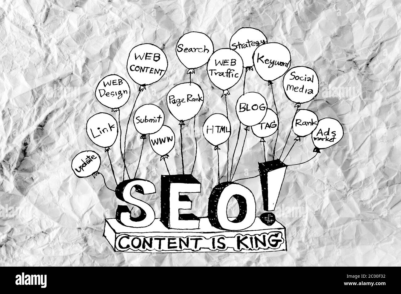 SEO Idee SEO Search Engine Optimization auf zerknittertes Papier Stockfoto