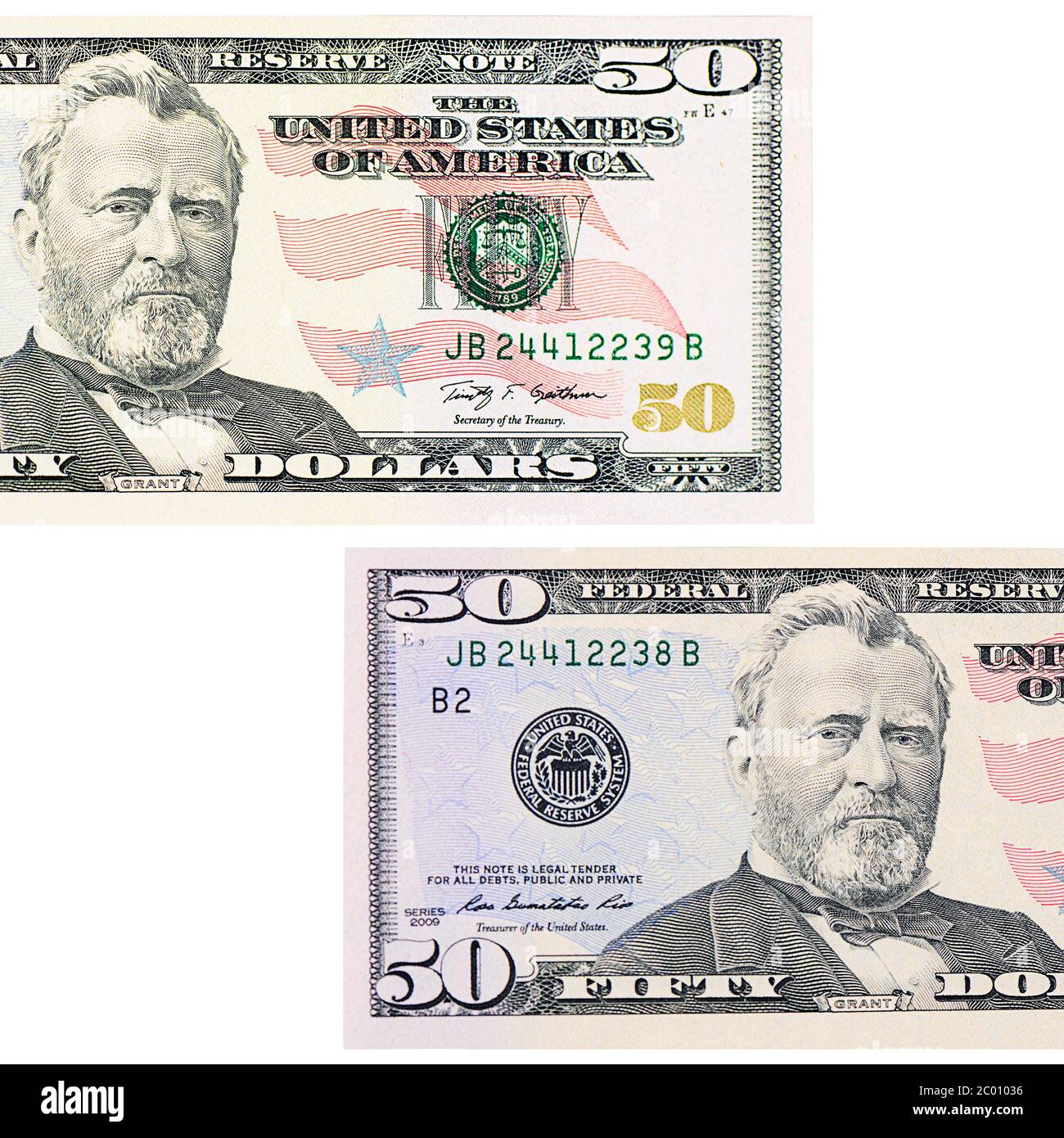 Fünfzig Dollar isoliert auf weißem Hintergrund Stockfoto