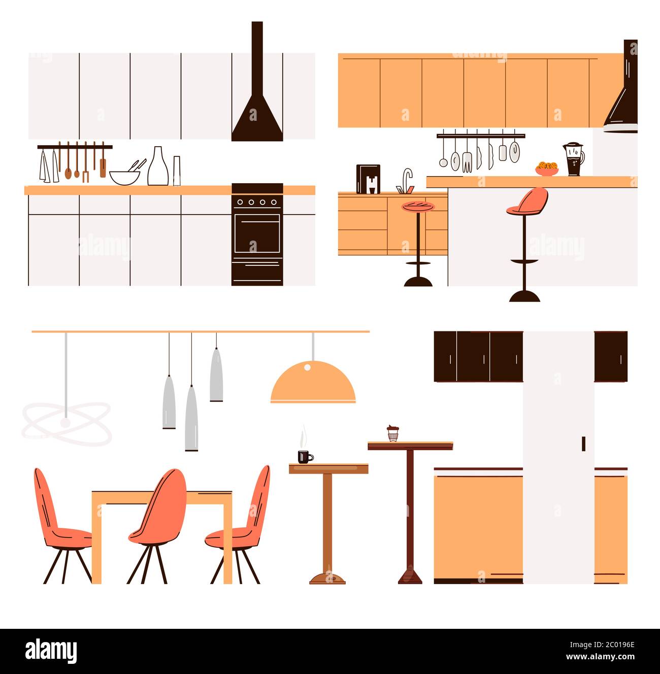 Vector flache Kollektion von Wohnküche moderne Möbel - Küchentische, Barstühle, Esstische, Herd und Koch-Zubehör. Modern, minimalistisch Stock Vektor