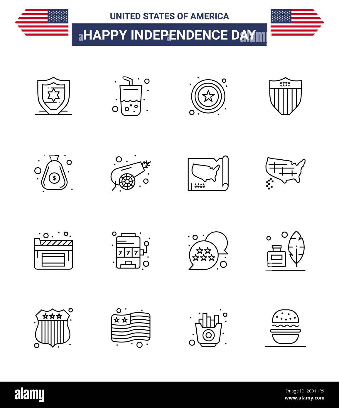 Happy Independence Day USA Pack von 16 Kreative Linien von Bargeld; Geld; Stern; Dollar; SURITY editierbare USA Day Vektor Design-Elemente Stock Vektor