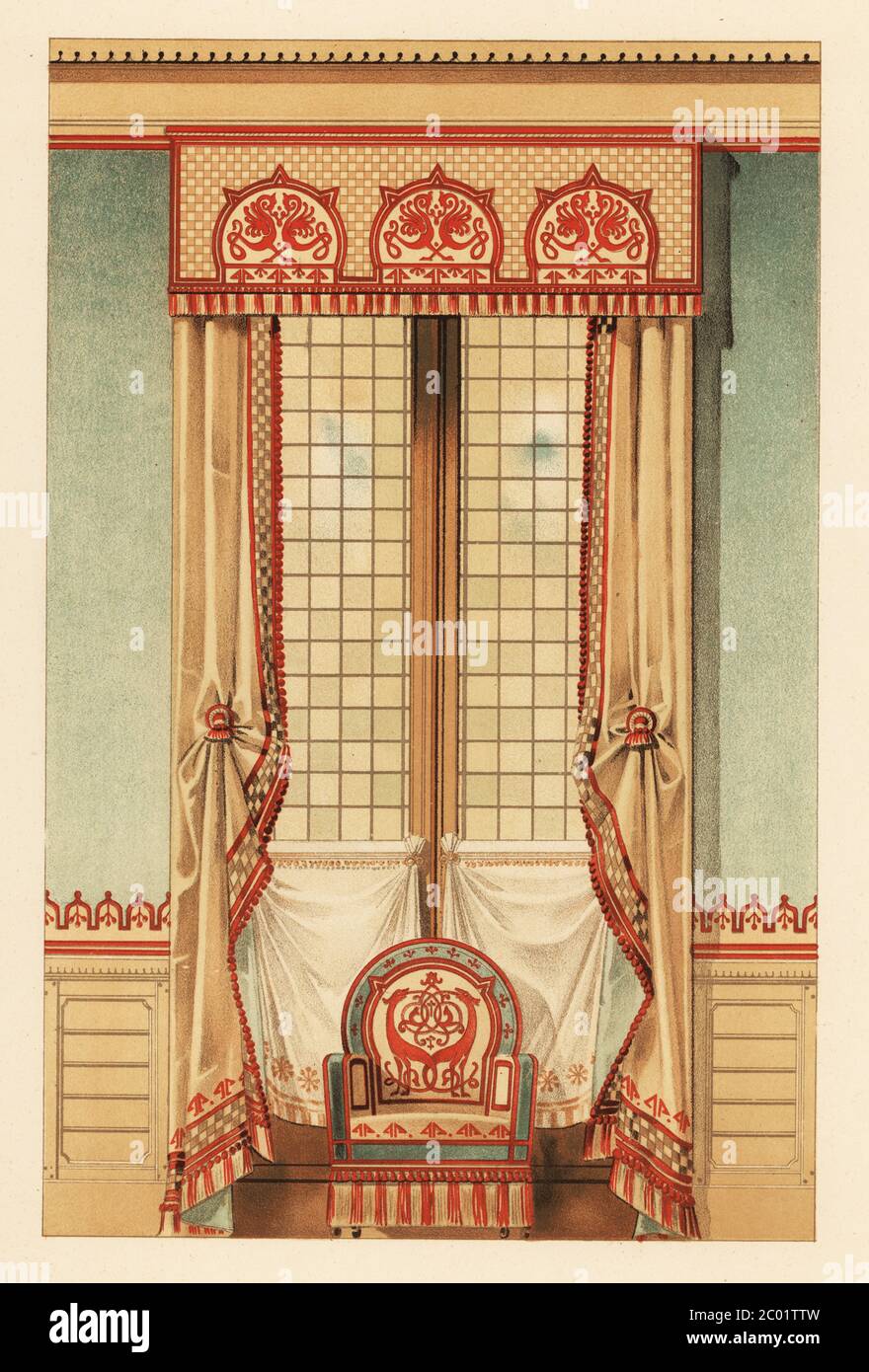 Wandaufhängung im russischen Stil, um 1900. Leinwand Lambequin und Vorhänge, Seide Fensterschirm, Sessel. Planche 20. Croisee Russe. Lambrequin toile ou serge, Ton creme, Anwendungen de laine. Anwendungen für rideaux meme tissu et meme. Petits rideaux pare-brise petite soie. Prothure murale toile et broderies de laine. Chromolithographie von Henry Sicard et A. Farradesche nach einer Illustration von Ernest Foussier aus seinen Nouveaux Modèles de Tatentures, Decorations de Fenêtres, New Models of Wall Behangings, Window Decorations, E. Thezard Fils, Librairie Speciale d’Architecture, Dourdan, Frankreich, 1900. Fous Stockfoto