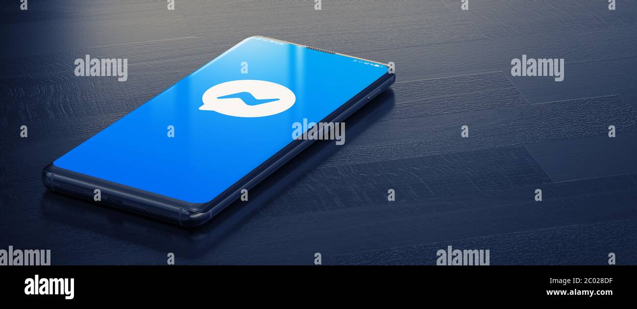 KIEW, UKRAINE-JANUAR 2020: Facebook Messenger auf Smartphone-Bildschirm. Facebook Messenger ist ein populärster Messenger für die Kommunikation zwischen Menschen im Internet. 3D. Stockfoto