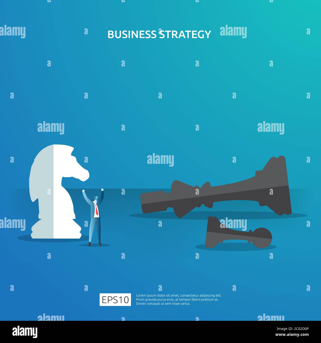 Geschäftskonzept für Wettbewerbsstrategie. Gewinnende Erfolgsplanung Illustration mit Schachfigur und Geschäftsmann Charakter. Sieg in der Führung Stock Vektor