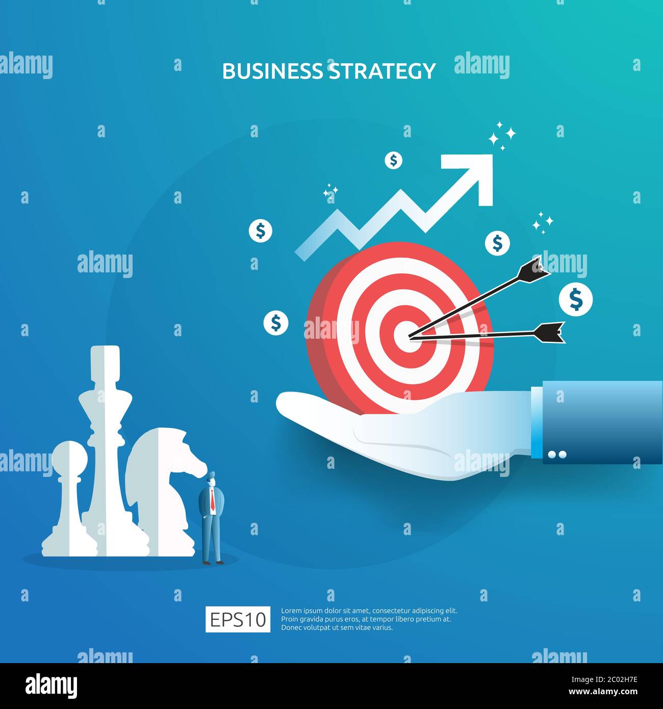 Geschäftskonzept für Zielerreichung, Vision-Plan und Management. Erfolgreiches Investment-Gewinn-Strategiemanagement mit Schach, Charakter Stock Vektor