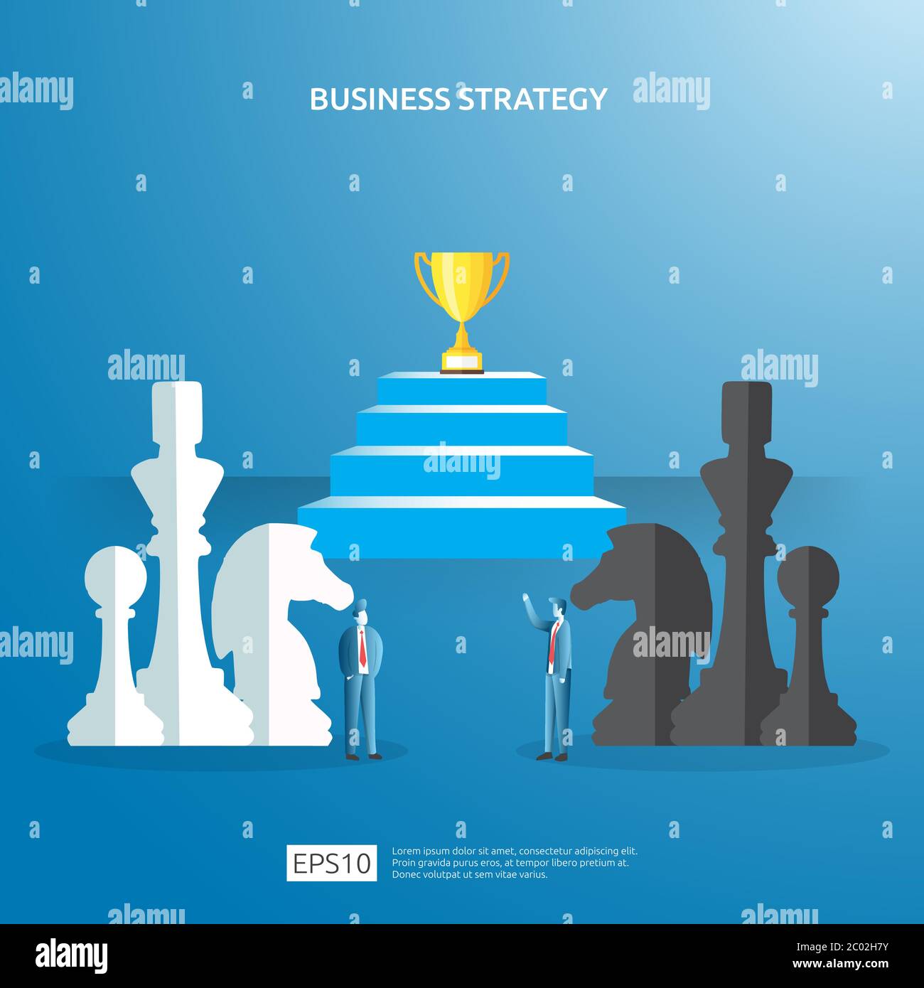 Geschäftskonzept für Wettbewerbsstrategie. Gewinnende Erfolgsplanung Illustration mit Schachfigur und Geschäftsmann Charakter. Sieg in der Führung Stock Vektor
