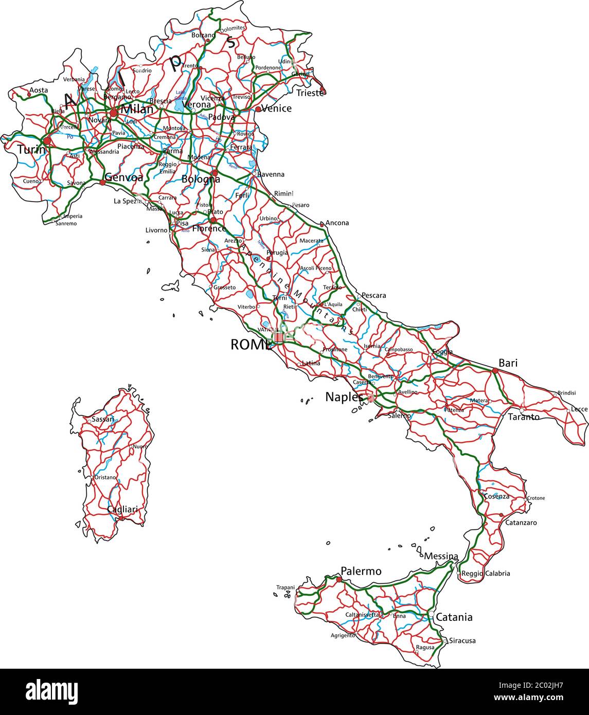 Italien Straßen- und Autobahnkarte. Vektorgrafik. Stock Vektor