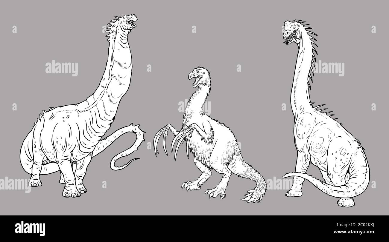 Set mit 3 Dinosauriern: Giraffatitan, Argentinosaurus und Therizinosaurus. Prähistorischer Dinosaurier aus der jurassischen Zeit. Stockfoto
