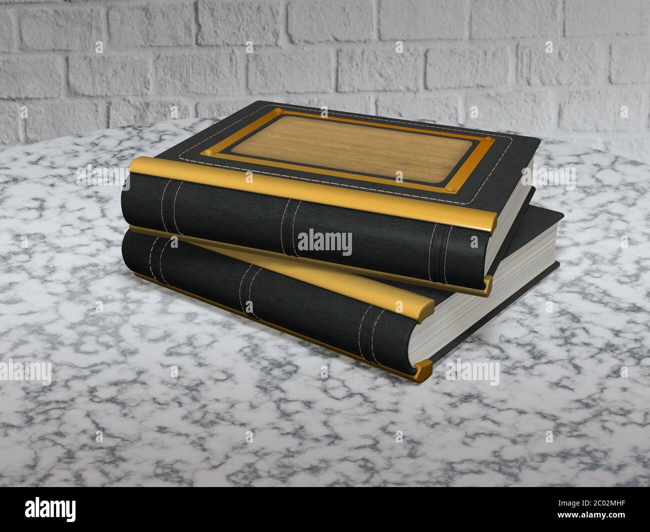 Ein Modell eines eleganten schwarzen Lederbuches mit braunem Holzeinsatz. Ein Buch mit goldenen Elementen liegt auf einem Marmortisch gegen eine weiße Ziegelwand Stockfoto